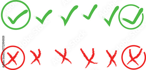  hand drawn check mark and cross mark icon set. Yes no sign. Approve and reject symbol. Green Tick and Red X Sign