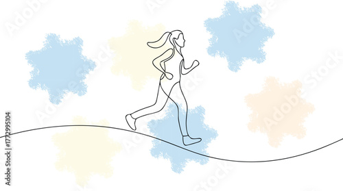 Woman running with headphones single line with colorful splashes