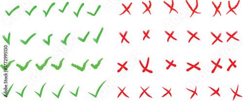  hand drawn check mark and cross mark icon set. Yes no sign. Approve and reject symbol. Green Tick and Red X Sign
