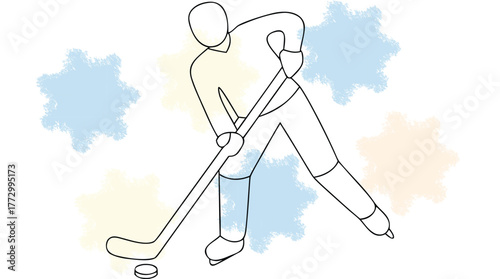 Hockey Player Silhouette with Puck Abstract single line ice hockey sport