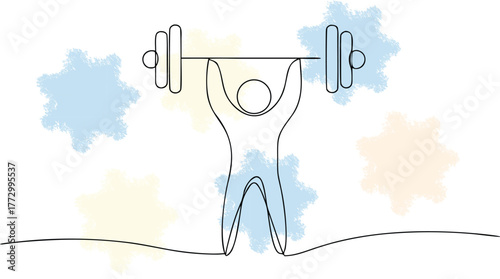 Single Line Drawing Weightlifter Lifting Barbell with Abstract Shapes weightlifting