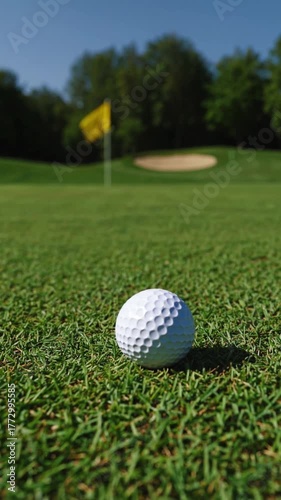 Close view of golf ball on green at sunny day near sand trap and flag