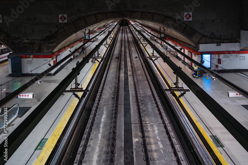 Symmetrical aerial view of the tracks and platform of the commuter train in the tunnel of Atocha station in Madrid.