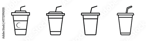 Black and white outline of disposable coffee cups with lids and straws vector illustration art