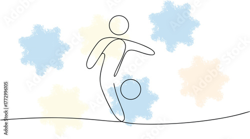 Single Line Drawing Soccer Player Kicking Ball with Abstract Pastel football