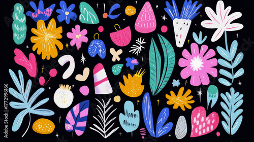 Vibrant collection of hand-drawn abstract botanical shapes, whimsical organic elements, and playful floral designs on dark background with artistic texture