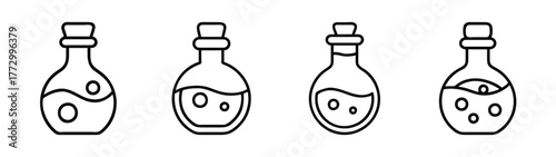 Collection of potion bottles illustration, magic elixir vials, alchemy supplies, vector art, set of flasks