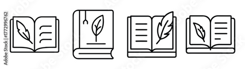 Books with feather quill pen vector illustration set for writing reading and literature concept