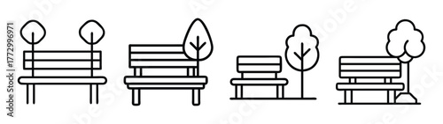 Park benches and trees line art illustration for outdoor seating and landscape design ideas