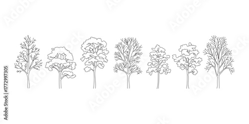 Collection of hand drawn sketchy trees in a row on white background