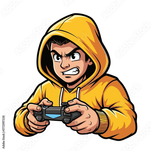 Intense gamer in hoodie playing video games with controller, focused expression of concentration and passion, perfect for esport and gaming promotions