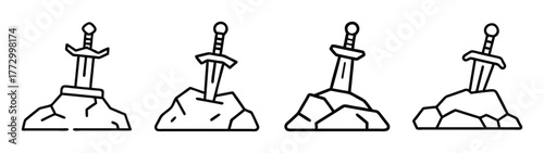 Sword in the stone vector illustration: king arthur legend, excalibur, medieval fantasy, mythic quest