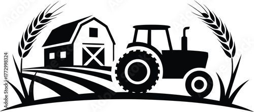 Classic Farm Scene with Barn Tractor and Wheat Spikes Rural Agriculture Emblem Vector Illustration