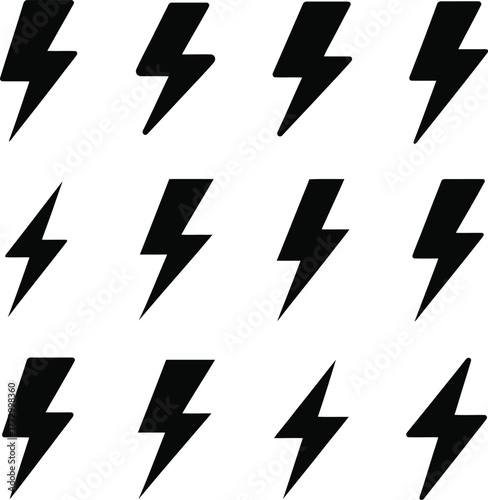 Collection of Twelve Black Lightning Bolt Icons on Transparent Background Power and Energy Thunder Symbols