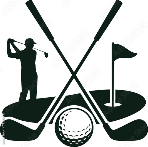 Crossed Golf Clubs with Golfer Silhouette Ball and Flag on Green Field Icon