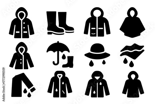 Wet Weather Icons. Solid style icons of wet weather clothing and gear: raincoat icon, rain boots, wet jacket symbol, poncho icon,