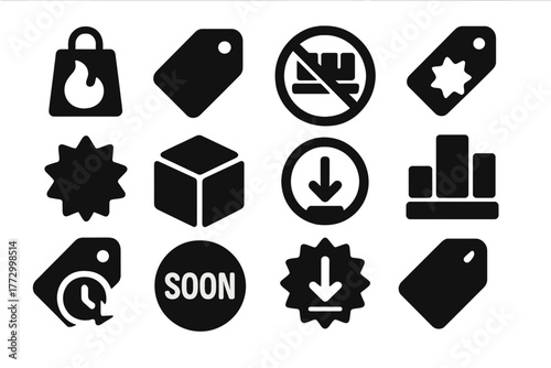Clearance Sale Icons. Solid style icons of Clearance and final pricing: final sale icon, last chance tag, out-of-stock label, end