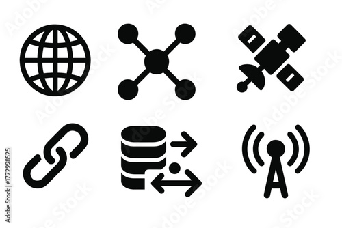 Quantum Network Icons. Solid style icons of quantum networks: globe, nodes, chain, satellite, wifi signal, database, path arrows,