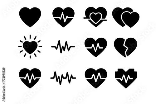 Heartbeat Icon Collection. Solid style icons of Heartbeat: beating heart, heart with pulse line, double heart rhythm, glowing