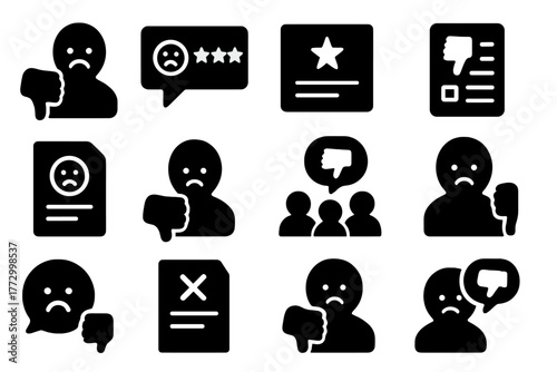 Negative Feedback Icons. Solid style icons of Negative feedback: customer dislike, poor review, one star rating, survey thumbs