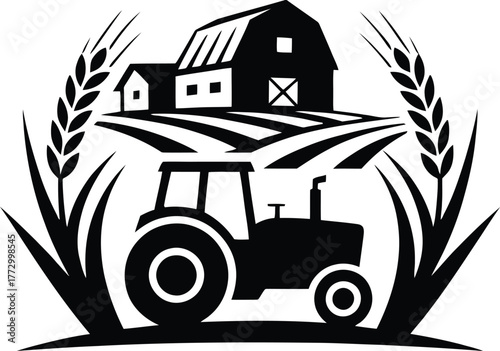 Farm landscape with barn house tractor and wheat ears agriculture farming rural scene graphic emblem