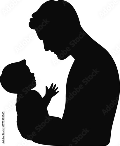 Father holding baby silhouette, tender moment showing paternal love and family bonding on transparent background