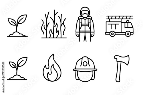 Post-Fire Recovery Icons. Line style icons of Post-Fire Recovery: New Growth, Burned Forest, Smoke Jumper, Fire Truck, Sprout,