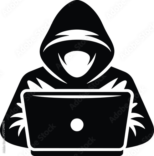 Hacker silhouette with hood using laptop vector illustration on transparent background cyber attack concept