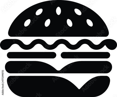 Hamburger with Sesame Seed Bun Patty Cheese Lettuce and Sauce Delicious Fast Food Meal Outline Vector