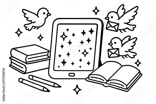 Magical Tablet Scene. Magical tablet with glowing screen surrounded by books, pencils, and little birds carrying messages, black