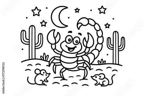 Scorpion Moonlit Dance. Funny scorpion dancing under the moonlight with stars, cacti, and little desert mice watching, black and