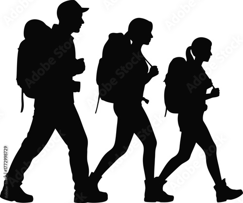 Hikers Backpacking Journey Silhouettes Outdoor Adventure Group Travel Vector Illustration
