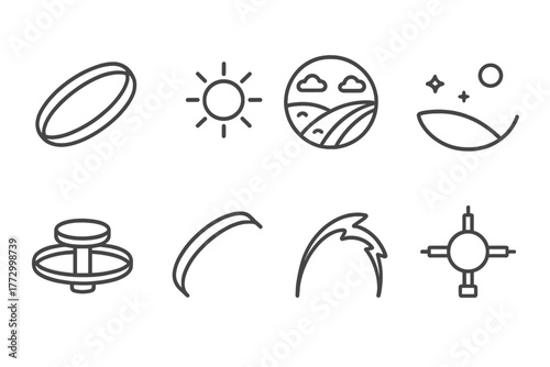 Ringworld Iconography. Line style icons of Ringworld: Circular Habitat, Sun, Inner Terrain, Vast Expanse, Orbital Platform, Ring