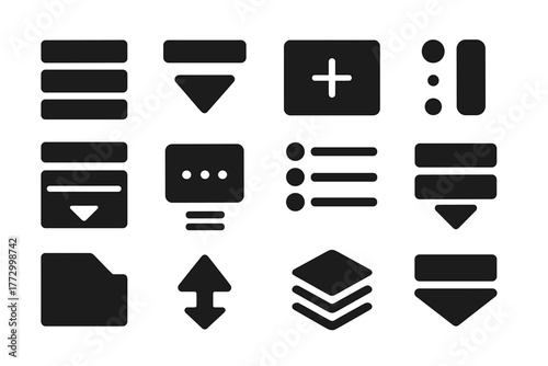 Expandable Interface Icons. Solid style icons of expandable interfaces: accordion menu, collapsible item, plus on panel, hidden