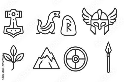 Nordic Myth Icons. Line style icons of Nordic Myth: Thor’s Hammer, Longship Figurehead, Rune Stone, Valkyrie Helmet, Yggdrasil