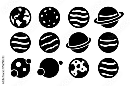 Solid Planet Icons. Solid style icons of Planets: earth, mars, jupiter, saturn with rings, venus, mercury, uranus, neptune,