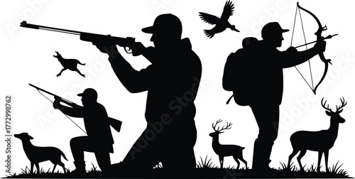 Hunters with Rifle and Bow Silhouettes with Deer and Bird in Outdoor Landscape Vector