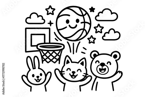 Bouncing Basketball Fun. Funny basketball bouncing into a hoop with stars, cheering animals, and clouds around, black and white