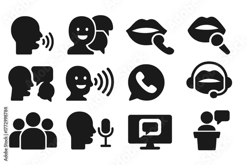 Communication Icon Pack. Solid style icons of Communication: talking head, chatting faces, mouth with phone, mouth with microphone
