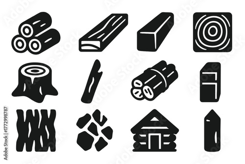 Wooden Materials Icons. Solid style icons of Wooden materials: log pile, wooden plank, timber beam, wood board, sawed stump,