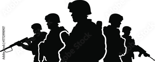 Military Soldiers in Combat Gear Silhouettes Standing and Holding Rifles Vector Group