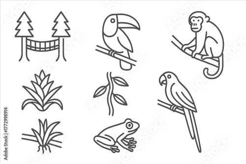 Rainforest Canopy Icons. Line style icons of Rainforest Canopy: Canopy Walkway, Toucan, Howler Monkey, Bromeliad, Liana, Macaw,