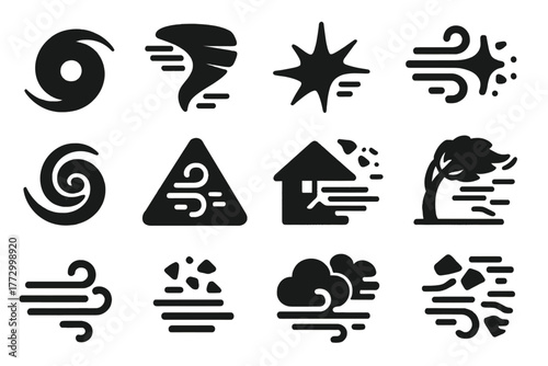 Severe Wind Icons. Solid style icons of storms and violent gusts: hurricane wind icon, tornado with motion lines, explosive gust