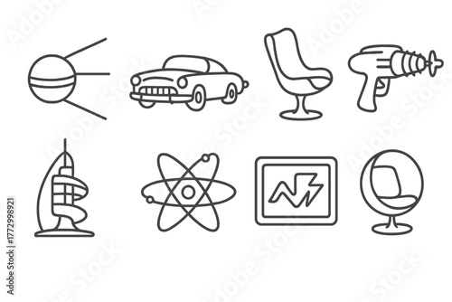 Atomic Age Icons. Line style icons of Atomic Age: Sputnik, Retro Car, Jet Chair, Ray Gun, Futuristic Building, Bubble Chair,