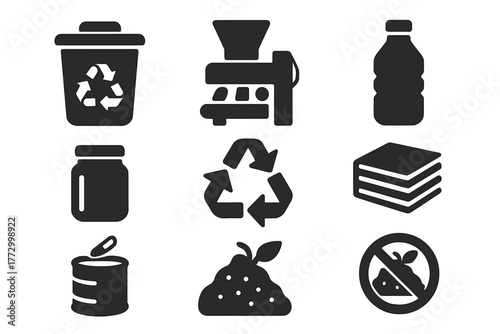 Recycling Icons. Solid style icons of Recycling Process: waste bin, sorting machine, plastic bottle, glass jar, paper stack, metal