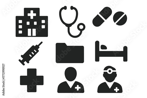Psychiatric Care Icons. Solid style icons of psychiatric care: hospital building, stethoscope, pills, syringe, file folder, bed,