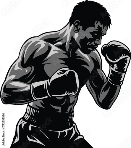 Monochromatic Boxer in Defensive Stance with Boxing Gloves Ready for Action on Transparent Background