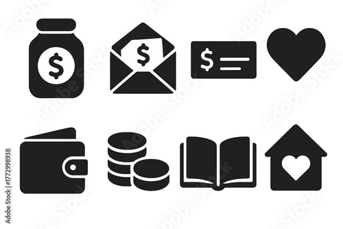 Charity Icons Collection. Solid style icons of charitable giving: donation jar, envelope, check, heart symbol, wallet, stack of