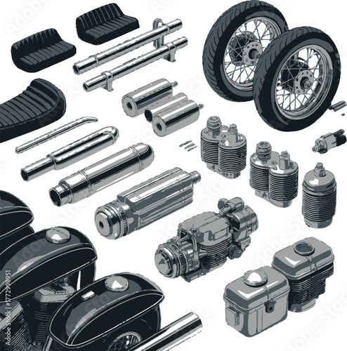 Motorcycle spare parts set including engine components wheels and seats in monochrome style