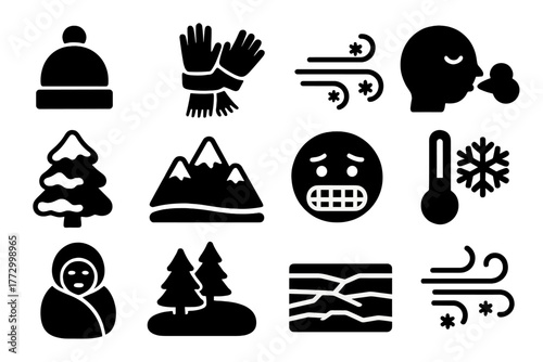 Winter Icons Collection. Solid style icons of winter and cold weather: winter hat icon, scarf and gloves, freezing wind symbol,